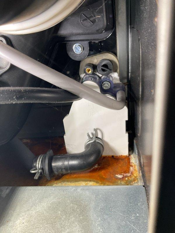 Completed annual heating maintenance on Bryant furnace system. During inspection, discovered significant rust and corrosion with orange-brown liquid accumulation in the condensate drain system and interior compartment, indicating drainage issues or condensation backup. Documented mechanical components, condensate reservoir, and affected areas with photos for customer records.