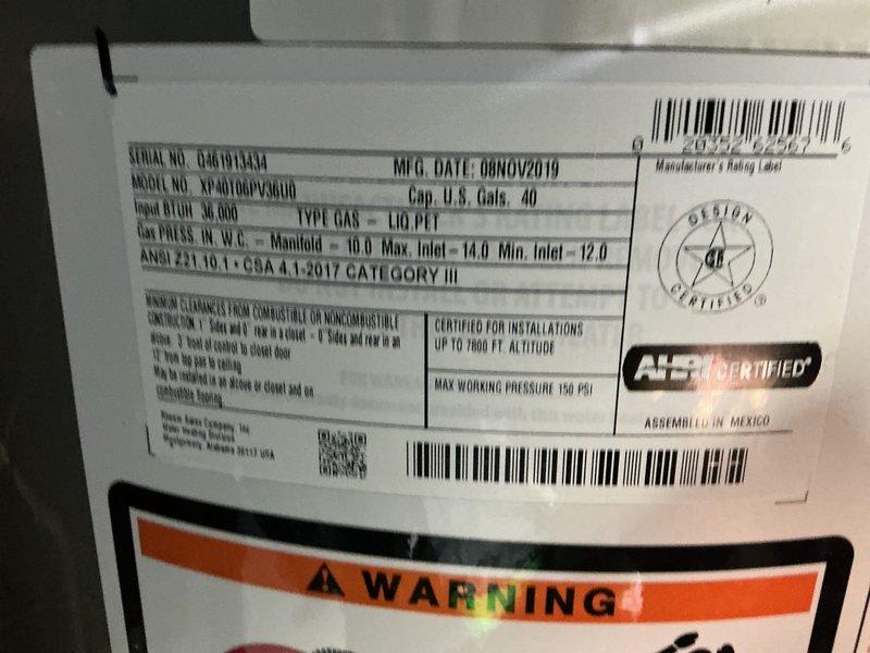 Provided estimate for replacement of existing 40-gallon gas water heater with power vent unit in single family home basement. Current water heater manufactured in November 2019 is operational with no reported issues, leaks, or failures. Documented existing installation including PVC power vent piping and copper supply connections for accurate replacement proposal.