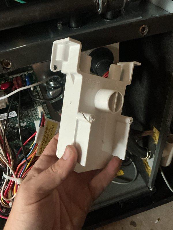 Responded to water leak service call with water detected in drain pan under furnace that had tripped the safety sensor. Upon inspection, identified failed condensate pump assembly as the source of the issue. Removed defective pump unit and installed replacement condensate pump. Verified proper pump operation, confirmed drain lines were clear and functioning correctly, and tested safety sensor reset. System restored to normal operation with no water accumulation in drain pan.