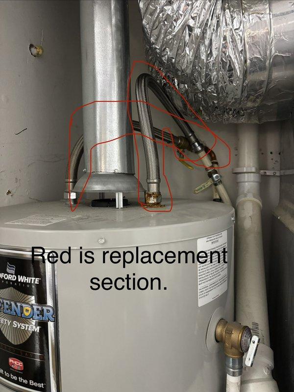 Responded to a water heater leak on a 5-year-old unit. Upon inspection, identified failed connection at the cold water inlet with corroded brass ball valve and deteriorated flexible supply line. Replaced the defective section including the inlet valve assembly and braided stainless steel supply hose. Tested system for proper operation and verified no additional leaks present after restoration of water supply.