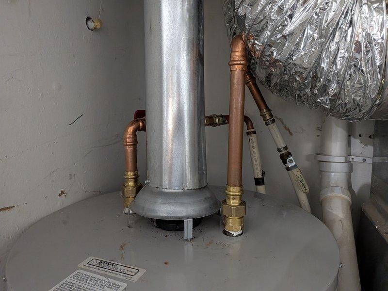 Responded to water heater leak and replaced failing unions and copper supply lines. Installed new 3/4" copper piping with brass unions and proper connections to existing PVC distribution lines on both hot and cold water sides. All connections tested and verified leak-free upon completion.