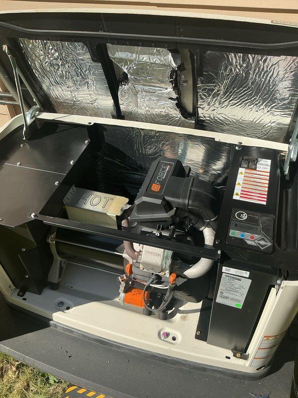 Completed comprehensive 10-year tune-up service on Generac standby generator unit. Performed standard maintenance protocol including inspection of fuel system components, air filter housing with silver insulation ducting, control board modules, and IOT monitoring system. All electrical connections, safety labels, and operational components verified to be in proper working condition with no issues identified during service.