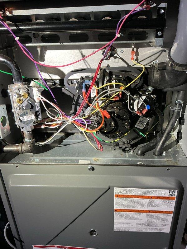 Responded to report of critters nesting inside EnergiAir ARVT961005CN furnace installed approximately one year ago. Upon arrival, confirmed furnace remained operational despite intrusion. Coordinated with handyman already on-site performing nest removal and debris cleanup from interior compartment. Inspected outdoor intake/exhaust termination and identified inadequate screening on PVC termination assembly allowing wildlife access. Removed existing insufficient mesh guard and installed heavy-duty rodent-proof screening over intake termination point mounted on exterior wall. Verified all combustion air pathways clear of obstructions and nesting materials. Opened furnace cabinet and inspected internal components including blower assembly, gas valve, heat exchanger, and control board for damage from wildlife activity. Confirmed no damage to wiring harnesses, insulation, or mechanical components. Checked burner assembly ports for blockages. Cycled unit through complete heating operation to 