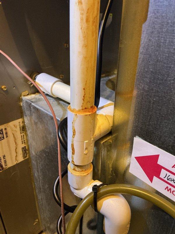Performed annual heating tune-ups on two furnace/air handler systems (13-year-old Carrier and 15-year-old unit), inspecting the cabinets, 16x25x3 filter housings, and condensate drain assemblies. Noted heavy rust and mineral staining at the PVC condensate drain tee and fittings, indicating prolonged moisture exposure, along with dampness around the condensate pump on the slab, and recommend monitoring or repairing the drain line and pump to prevent leakage. No humidifier is installed on the system.