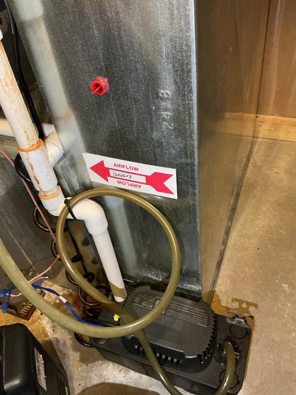 Performed annual heating tune-ups on two furnace/air handler systems (13-year-old Carrier and 15-year-old unit), inspecting the cabinets, 16x25x3 filter housings, and condensate drain assemblies. Noted heavy rust and mineral staining at the PVC condensate drain tee and fittings, indicating prolonged moisture exposure, along with dampness around the condensate pump on the slab, and recommend monitoring or repairing the drain line and pump to prevent leakage. No humidifier is installed on the system.