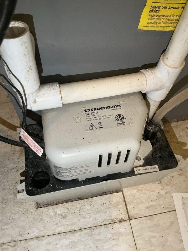 Performed a Furnace Super Tune-up on an 18-year-old furnace, inspecting and servicing the condensate drain system, including the Sauermann SI-1801 condensate pump, PVC drain piping, and flexible drain tubing. Noted heavy discoloration and microbial-type buildup on the flexible drain hose and debris and residue in the pump reservoir tray, with no visible cracks, rust, or leaks at the pump or PVC connections. Verified secure hose clamp and fittings, with the condensate drain system operational at completion.