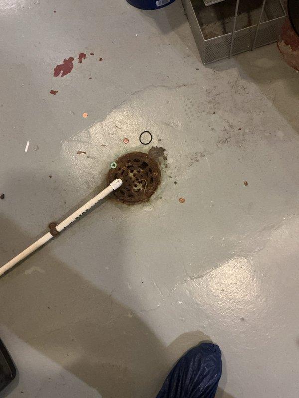 Inspected the existing atmospheric-vent water heater installation and documented conditions to prepare an updated replacement estimate. Noted corrosion and mineral buildup on the threaded brass fittings and supply piping at the tank top, along with flexible aluminum vent connector and draft hood configuration requiring review for code compliance. Also observed a heavily rusted floor drain with deteriorated coating and an aging drain line clamp near the unit, which may require attention during the replacement.