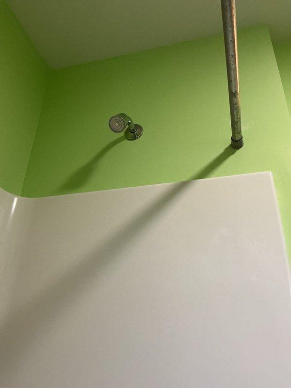 Inspected the tub and shower assembly to locate the source of the leak affecting the ceiling below, examining the valve trim, tub spout, and drain components. The tub drain stopper and gasket were found detached from the drain opening, so the drain assembly was exposed and a likely contributor to the water intrusion. No visible cracks, corrosion, or buildup were found on the surrounding fixtures or surfaces, and the drain components were documented for follow-up repair.