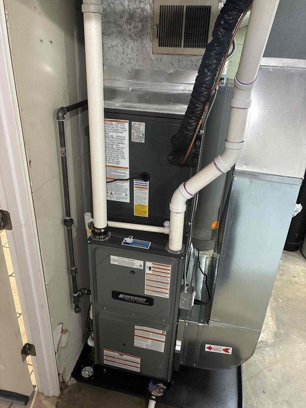 Installed a new gas furnace with matching evaporator coil and AC system, including fabricated galvanized plenum and supply/return duct transitions, flexible duct connections, and refrigerant line set connections. Routed and primed PVC combustion venting and condensate drain piping with a drain pan, connected the black iron gas line with shutoff valve, and completed equipment labeling. Secured Michigan Saves financing and initiated loan documentation.