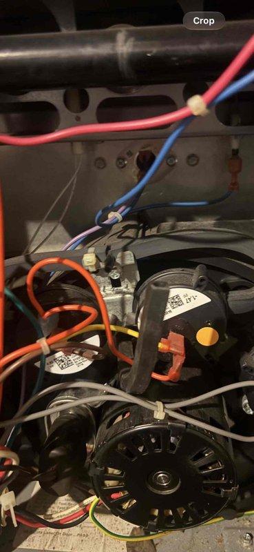 Responded to a no-heat call on a furnace blowing cold air following a recent tune-up. Inspected the draft inducer motor, pressure switch assembly, vent hose connections, and wiring harness inside the burner compartment, verifying that all wires were properly routed, secured with cable ties, and free of damage or loose connections. Confirmed the pressure switches and hose were correctly connected, then cycled the unit to verify proper ignition sequence, burner operation, and warm airflow at the registers.