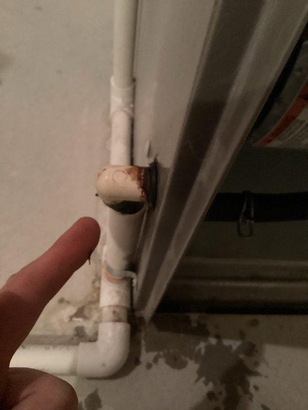Responded to a water leak at the left side of a 16-year-old Carrier furnace and traced the source to the PVC condensate drain connection at the cabinet penetration, where the elbow fitting and grommet showed rust staining and moisture residue. Inspected the condensate drain line and fittings, then repaired the leaking connection and secured the piping to restore proper drainage and eliminate the leak.