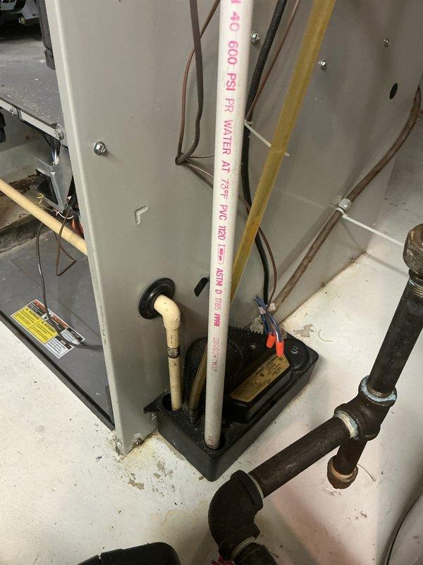 Performed a complete furnace tune-up on a 25-year-old unit, including inspection of the cabinet, condensate pump and drain assembly, electrical wiring, and gas piping. Verified the condensate pump and PVC drain routing are secured and functioning, and noted surface corrosion on the black iron gas piping and fittings for monitoring. Completed the heat exchanger diagnosis documentation and obtained customer acknowledgement of the findings.