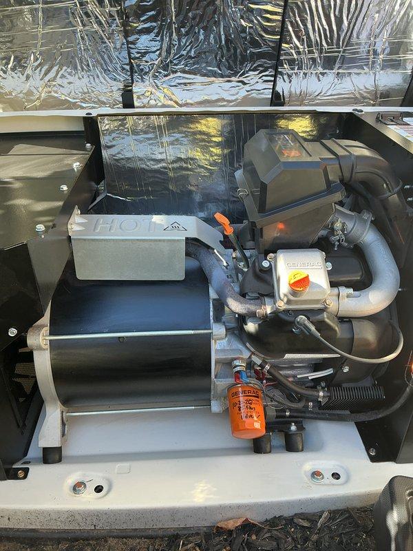 Performed a 4-year scheduled tune-up on a 2022 Generac standby generator, including inspection of the engine compartment, alternator housing, oil system, and exhaust components. Components were found clean with no leaks or damage, though surface corrosion was noted on the exhaust pipe near the engine flange connection and should be monitored during future maintenance visits.