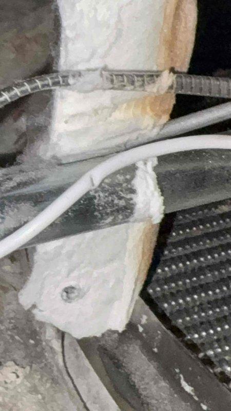 Diagnosed a no-hot-water complaint on a 40-gallon Bradford White atmospheric-vent natural gas water heater (manufactured 2018, tank warranty expired) and found deteriorated, crumbling insulation with heat discoloration near the burner compartment and gas control assembly. Inspected the combustion and control components, identified the failure cause, and documented the unit's age, condition, and findings, with replacement recommended due to the unit's age and the damaged components.