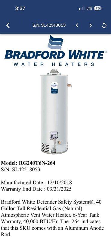 Diagnosed a no-hot-water complaint on a 40-gallon Bradford White atmospheric-vent natural gas water heater (manufactured 2018, tank warranty expired) and found deteriorated, crumbling insulation with heat discoloration near the burner compartment and gas control assembly. Inspected the combustion and control components, identified the failure cause, and documented the unit's age, condition, and findings, with replacement recommended due to the unit's age and the damaged components.