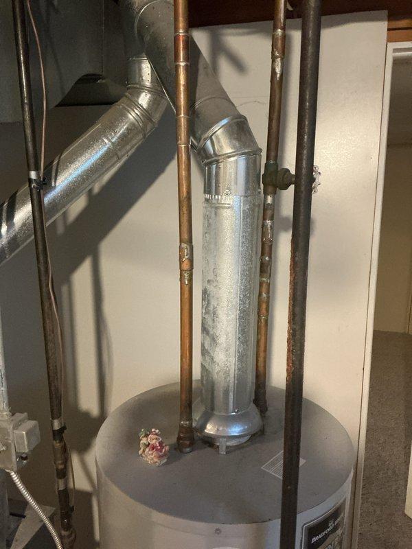 Performed on-site estimate for replacement of a 12+ year-old atmospheric-vent gas tank-type water heater in a single-family home. Inspected the existing unit, galvanized flue/vent connection, gas supply with flexible connector and control valve, and copper supply piping; no active leaks, corrosion, or damage observed on the tank, though surface rust was noted on adjacent black iron piping. Documented the installation with photos and reviewed replacement options with the customer.