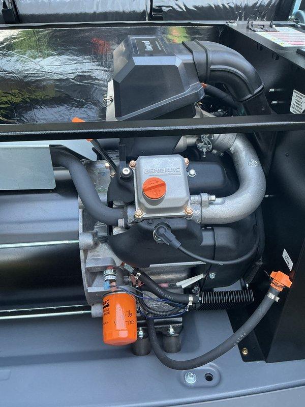 Performed scheduled annual maintenance on a Honeywell standby generator powered by a Generac G-Force engine. Inspected the engine compartment, including the oil filter, air filter housing, intake and exhaust components, hoses, wiring, and enclosure insulation, and found all components clean and in good condition with no signs of rust, leaks, or damage. The unit was verified to be in proper working order following the tune-up.