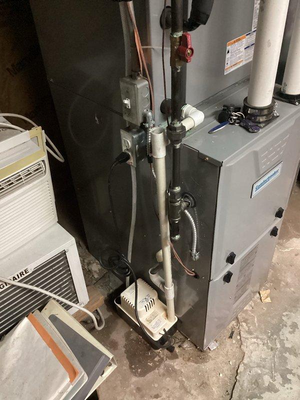 Performed a Furnace Super Tune-up on a 15-year-old Comfortmaker condensing gas furnace in preparation for the heating season. Inspected and serviced the unit, replaced the furnace filter, and verified the condensate pump and PVC drain line were properly routed and draining. Confirmed the gas shutoff valve, electrical connections, and flexible conduit were secure and the system was operating normally.