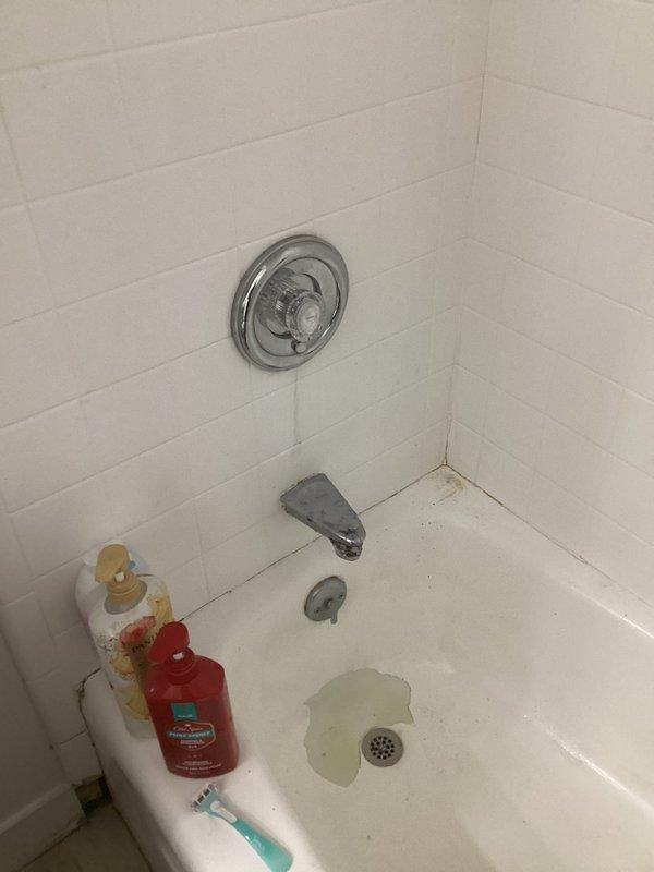 Responded to a leaking tub faucet and inspected the chrome tub spout, shower valve, and diverter assembly to assess the source of the leak. Documented the existing fixture condition, including mineral residue near the drain and caulk-line deterioration at the tub-to-tile joint, and confirmed the fixture requires replacement with a customer-supplied unit.