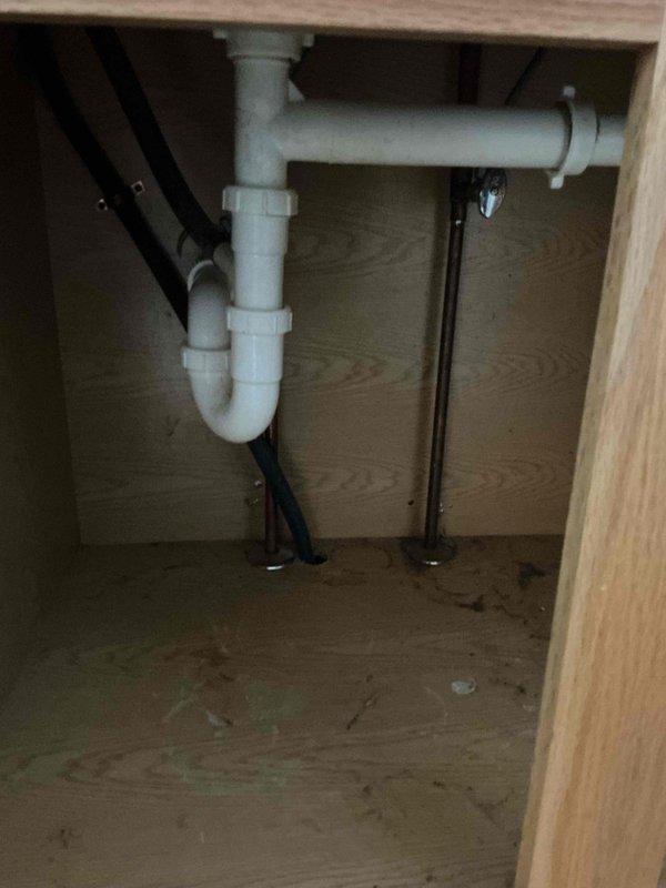 Inspected a 30-year-old drop-in sink with a backed-up drain and found the sink's drain bottom to be rotted, which is the cause of the blockage. Examined the under-sink PVC drain assembly, including the P-trap, slip-nut couplings, and supply lines, and documented their condition with photos. Advised that the sink will require either drain repair or full sink replacement to restore proper drainage.