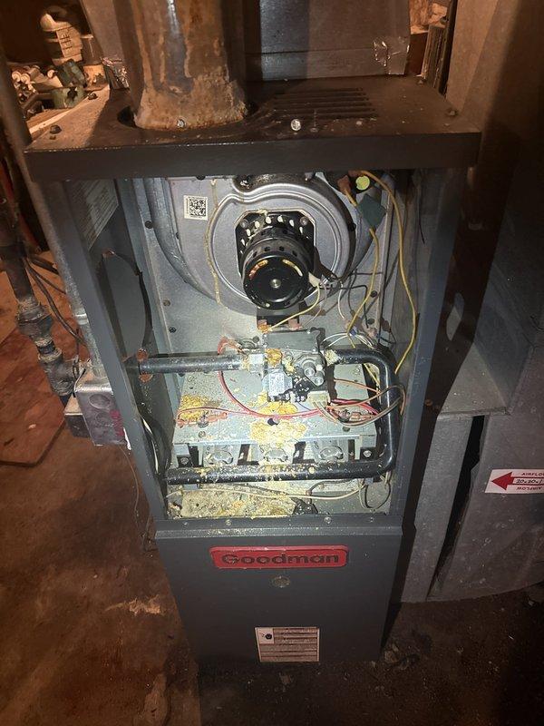 Diagnosed a 19-year-old Goodman gas furnace for failure of the blower to engage on high speed and found heavy debris contamination across the burner assembly, gas valve, and burner compartment floor, along with a corroded flue pipe. The leak source was traced to the gas water heater, whose top fittings and tank are heavily scaled with mineral deposits and show active leakage and corrosion. Recommended cleaning of the furnace burner compartment, repair of the blower speed circuit, flue pipe replacement, and water heater replacement.