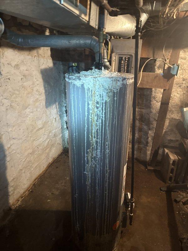 Diagnosed a 19-year-old Goodman gas furnace for failure of the blower to engage on high speed and found heavy debris contamination across the burner assembly, gas valve, and burner compartment floor, along with a corroded flue pipe. The leak source was traced to the gas water heater, whose top fittings and tank are heavily scaled with mineral deposits and show active leakage and corrosion. Recommended cleaning of the furnace burner compartment, repair of the blower speed circuit, flue pipe replacement, and water heater replacement.