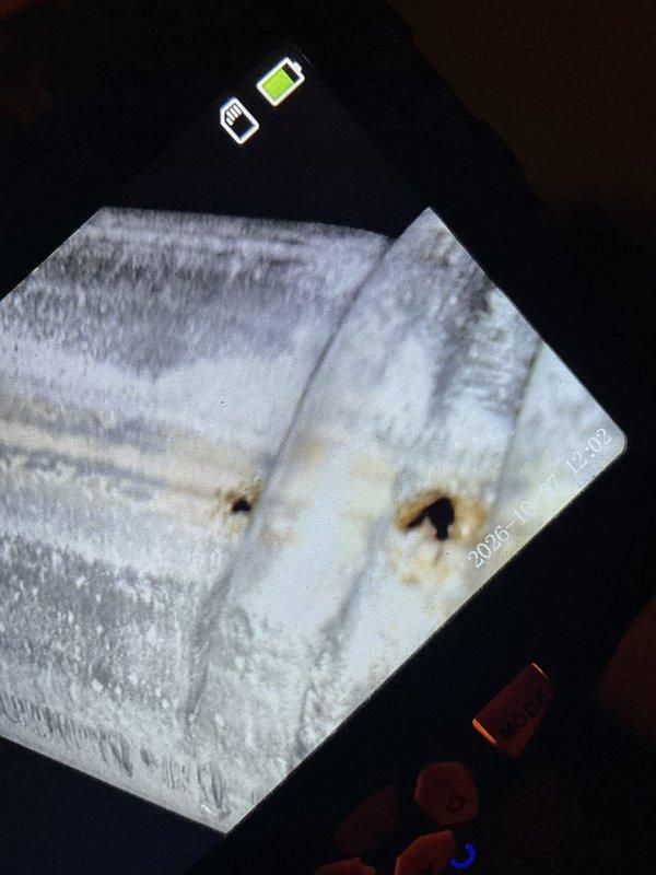 Responded to a no-heat call on a 20-year-old Goodman furnace where the thermostat called for heat but the unit would not fire, while the blower operated normally. Performed a borescope inspection of the heat exchanger and found multiple burn-through holes and perforations along the seam with heavy corrosion and scaling, confirming a cracked/failed heat exchanger. The furnace was deemed unsafe to operate due to carbon monoxide risk and was shut down, with replacement recommended.