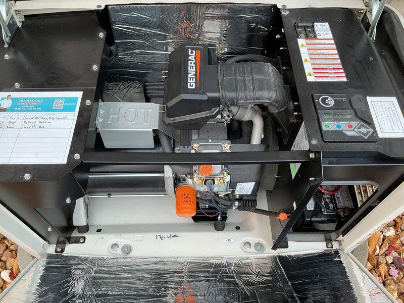 Performed scheduled tune-up on Generac standby generator, including engine oil and filter replacement (1.7 qts capacity) and a full inspection of the enclosure, engine compartment, air intake hose, heat shield, battery, and control panel. All components were found clean and in good condition with no visible rust, cracks, or damage, and the service tag was updated for the next maintenance interval.