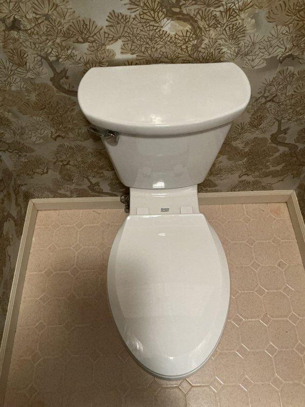 Installed a white two-piece elongated toilet with a closed-front seat and lid, connecting it to the water supply through a braided flexible supply line and chrome shutoff valve. Secured the unit in place, confirmed the flush handle and tank operate properly, and verified there are no leaks at the supply connection or base. The completed installation is clean and fully functional.