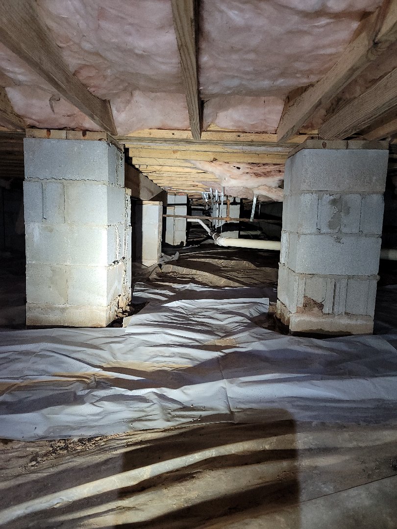 Crawlspace inspection of an annual termite warranty inspection.  Levels are good, barrier is getting old, and fallen insulation (cellulose debris) needs to be fixed. No signs of any active termites during today's inspection. 