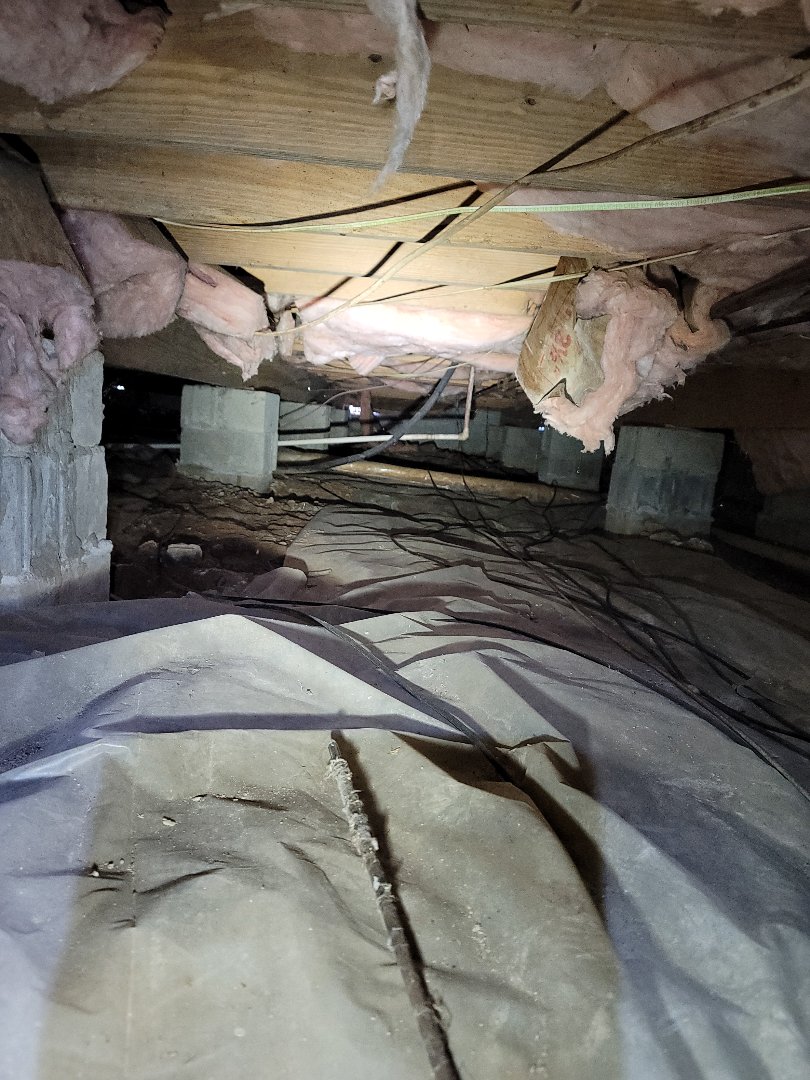 Previous termite evidence on this houses joists and subfloor, no signs of any living termites in the crawlspace. There is alot of fallen insulation that needs to be fixed though.