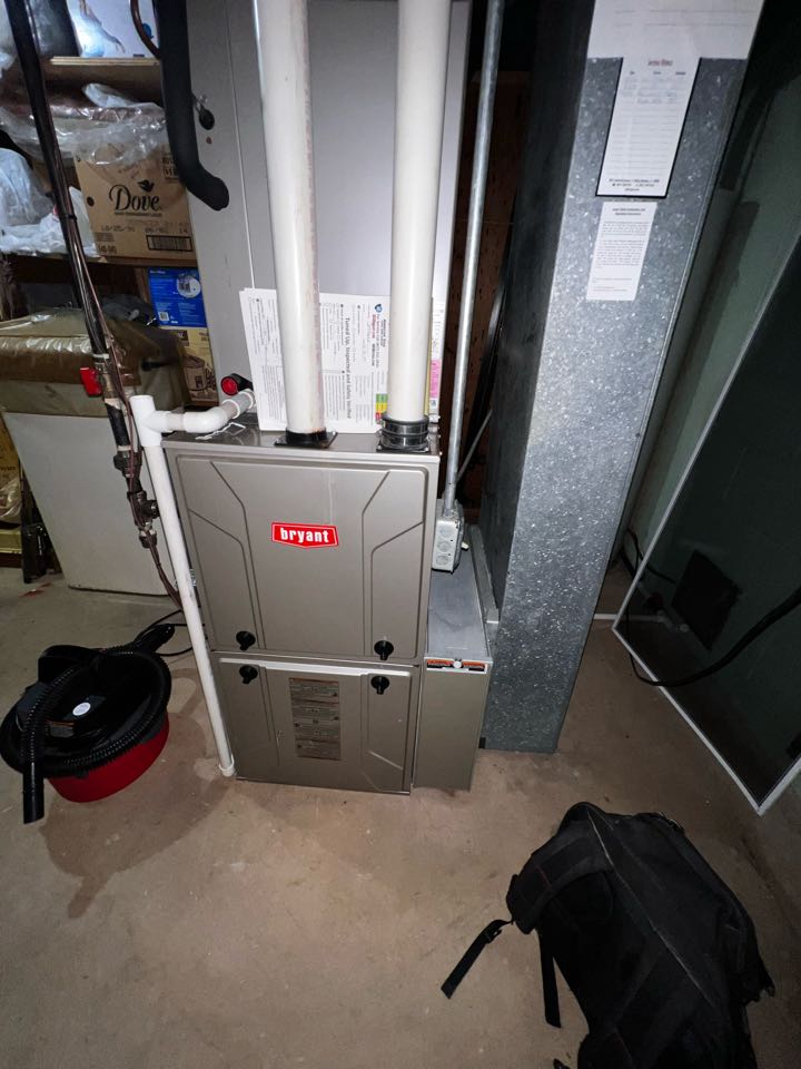Palatine, IL - Performing annual furnace clean & check on Bryant unit. Taking heat rise. Replacing humidifier pad. Palatine, IL - Performing annual furnace clean & check on Bryant unit. Taking heat rise. Replacing humidifier pad.