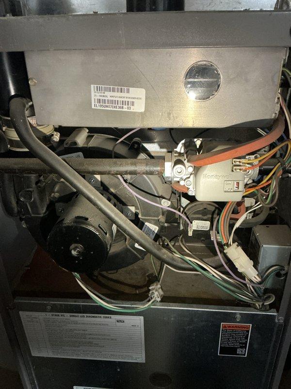 Performed Annual Maintenance Heating check on the system. Inspected furnace interior components including blower motor, electrical connections, and control systems. Examined and verified condition of the 14x20x1 pleated air filter; all components functioning within normal parameters.