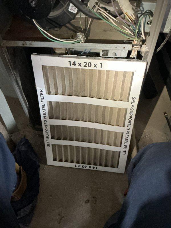 Performed Annual Maintenance Heating check on the system. Inspected furnace interior components including blower motor, electrical connections, and control systems. Examined and verified condition of the 14x20x1 pleated air filter; all components functioning within normal parameters.