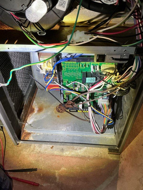 Performed annual furnace maintenance service which included inspection of circuit board and electrical components, noting some minor oxidation on the housing but all connections were secure and functional. Replaced air filter (16x25x1) with new pleated filter to ensure proper airflow and system efficiency.