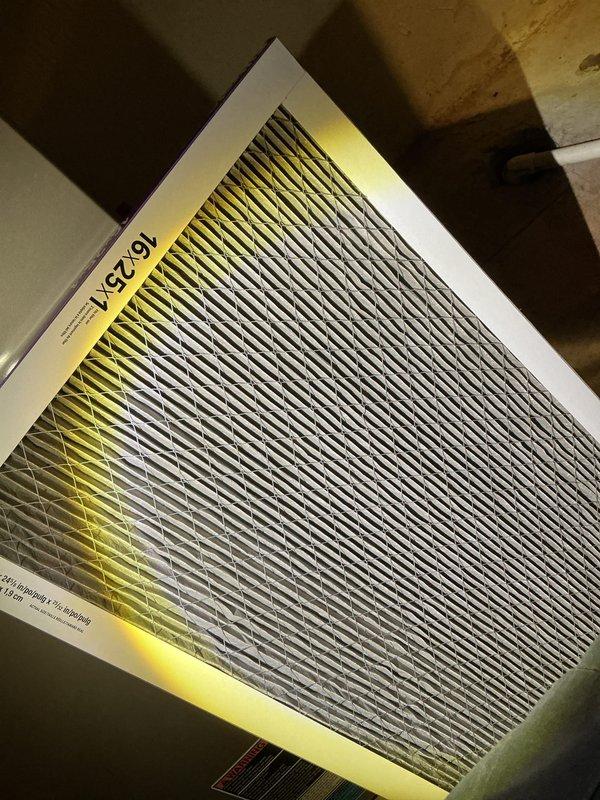 Performed annual furnace maintenance service which included inspection of circuit board and electrical components, noting some minor oxidation on the housing but all connections were secure and functional. Replaced air filter (16x25x1) with new pleated filter to ensure proper airflow and system efficiency.