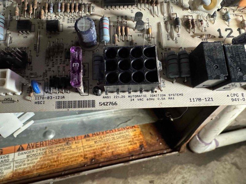 Successfully replaced faulty control board (S1-0310301000) in HVAC system, installing new ANSI Z21.20 automatic ignition system module (1170-121). Also provided consultation regarding homeowner's thermostat concerns as requested.