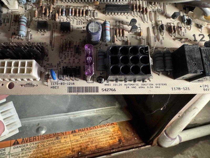 Successfully replaced faulty control board (S1-0310301000) in HVAC system, installing new ANSI Z21.20 automatic ignition system module (1170-121). Also provided consultation regarding homeowner's thermostat concerns as requested.