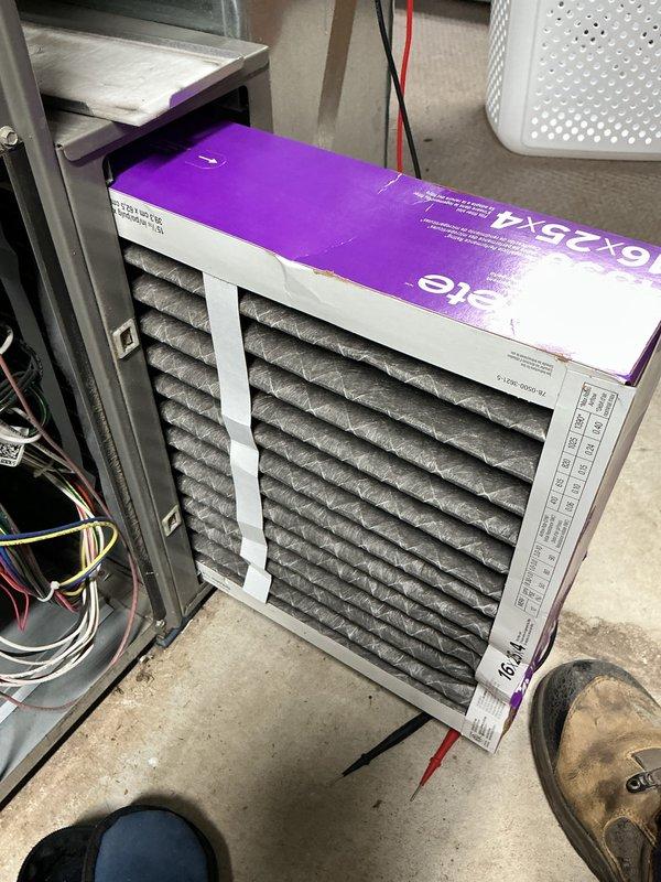 Completed annual heating maintenance on customer's furnace system. Installed new 16x25x1 air filter and performed comprehensive inspection of internal components including control board, gas valve assembly, and blower motor. All electrical connections were checked and system was verified to be functioning properly with no issues noted.