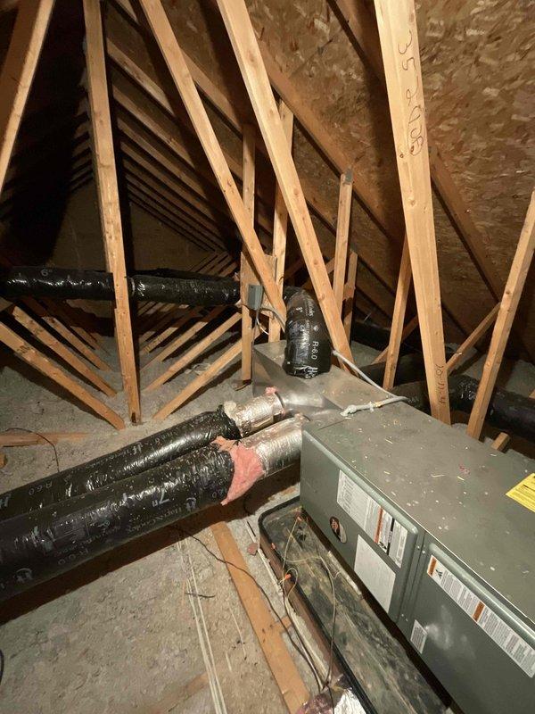 Conducted home show estimate for complete HVAC system replacement. Inspection of attic revealed existing ductwork with deteriorating insulation and an aging air handler. The exterior assessment identified two condensing units (one currently covered), with the uncovered unit showing signs of wear requiring replacement. Full system quote provided for furnace/air handler and condensing unit replacement with properly sized equipment.