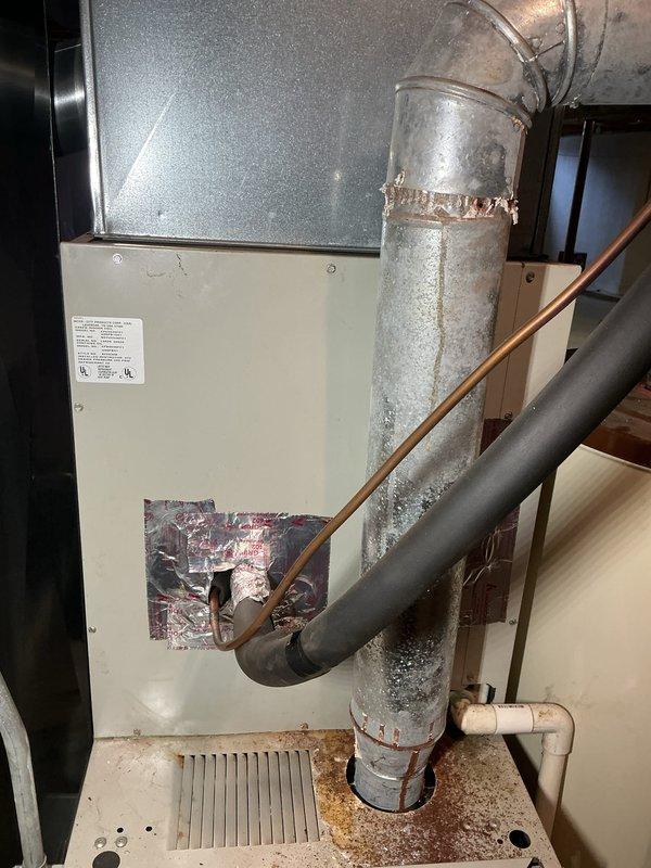 Responded to no-heat call for 30-year-old forced air system that had completely ceased operation. Upon inspection, discovered significant rust and corrosion on the heat exchanger and burner assembly, with multiple components showing advanced wear. Determined unit had reached end of serviceable life and recommended replacement due to safety concerns and inefficiency of the aging system.