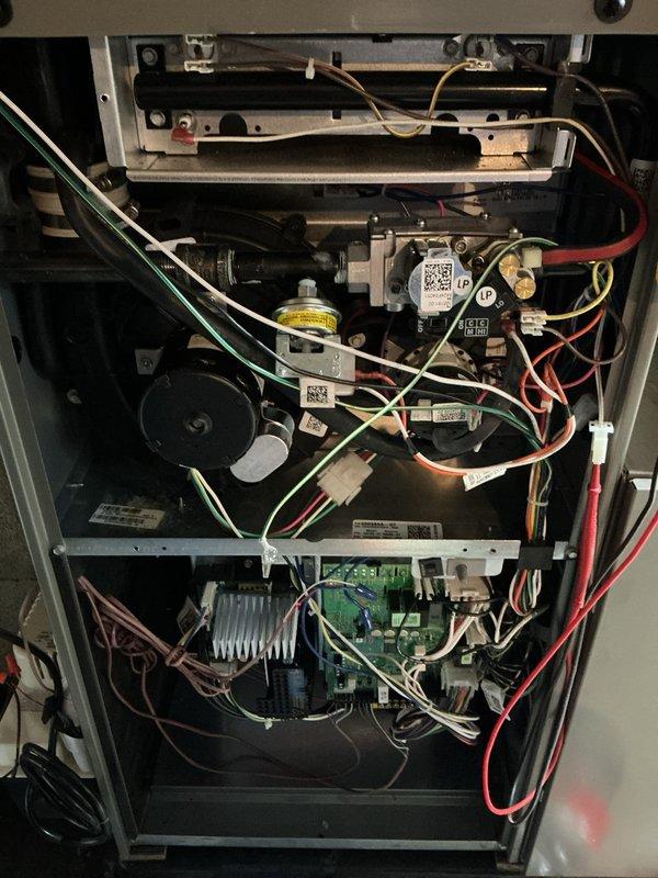 Performed complimentary furnace maintenance check-up on 1-year-old Lennox unit as part of customer's Air Care membership. Inspected internal components including circuit boards, blower motor, wiring connections, and heat exchanger; all systems functioning properly with no issues identified. Unit appears to be in excellent condition as expected for newer equipment still under manufacturer warranty.