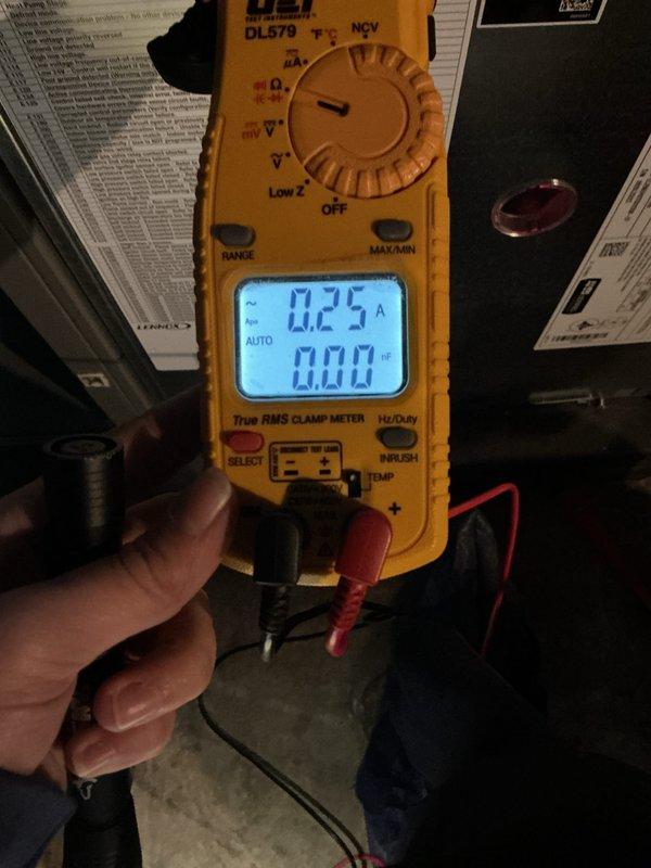 Conducted scheduled AHM maintenance for city certification, performing electrical system diagnostics with clamp meter measurements reading 0.25A. Carbon monoxide safety testing completed with Klein Tools meter confirming 0 PPM levels in the system.