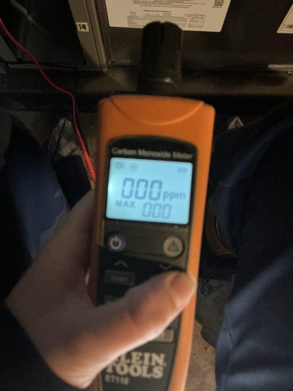 Conducted scheduled AHM maintenance for city certification, performing electrical system diagnostics with clamp meter measurements reading 0.25A. Carbon monoxide safety testing completed with Klein Tools meter confirming 0 PPM levels in the system.