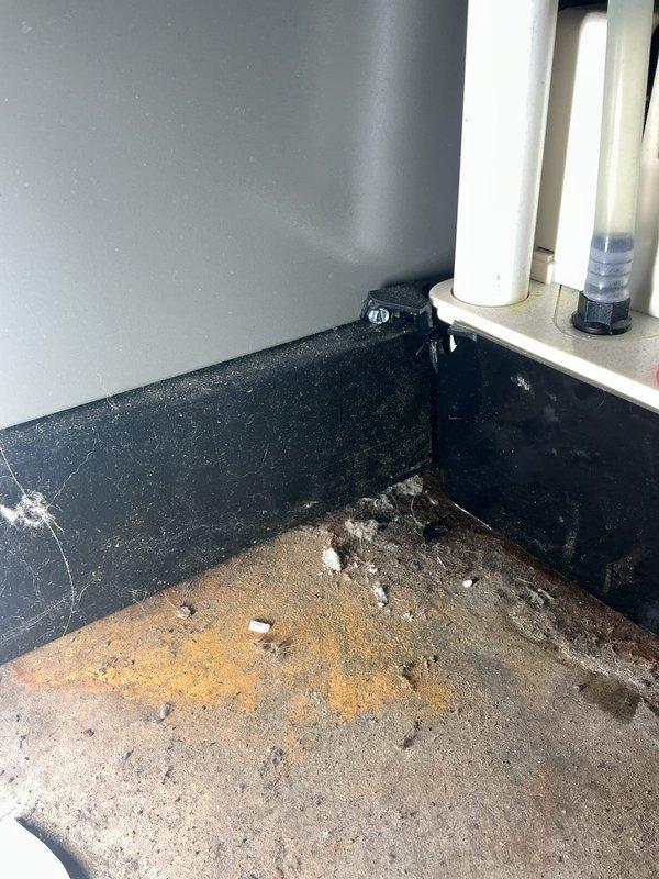 Responded to callback for reported water leakage from furnace. Upon inspection, discovered condensate pump showing signs of deterioration with surrounding floor damage and rust staining. Performed complimentary annual furnace maintenance per customer's membership agreement and verified proper operation after service.