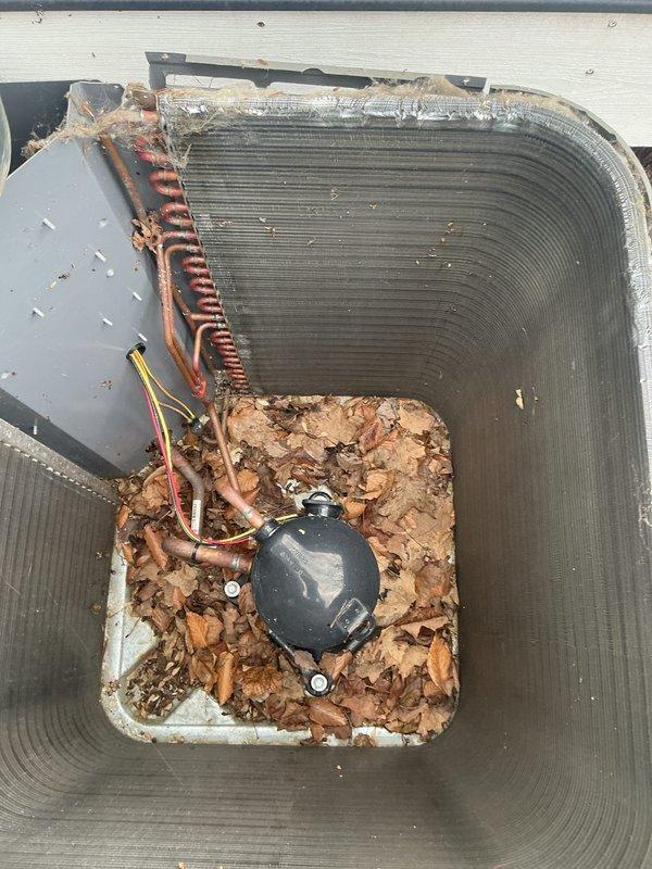 # Service Summary

Completed annual preventative maintenance on residential HVAC condensing unit. Inspected compressor, refrigerant lines, and electrical connections. Unit exterior showed significant accumulation of leaves and organic debris around compressor housing and within equipment well. Copper refrigerant lines displayed normal weathering and oxidation consistent with outdoor exposure. All mechanical components operational with no refrigerant leaks detected. Electrical connections secure and functioning properly. System tested and confirmed operational within normal parameters.