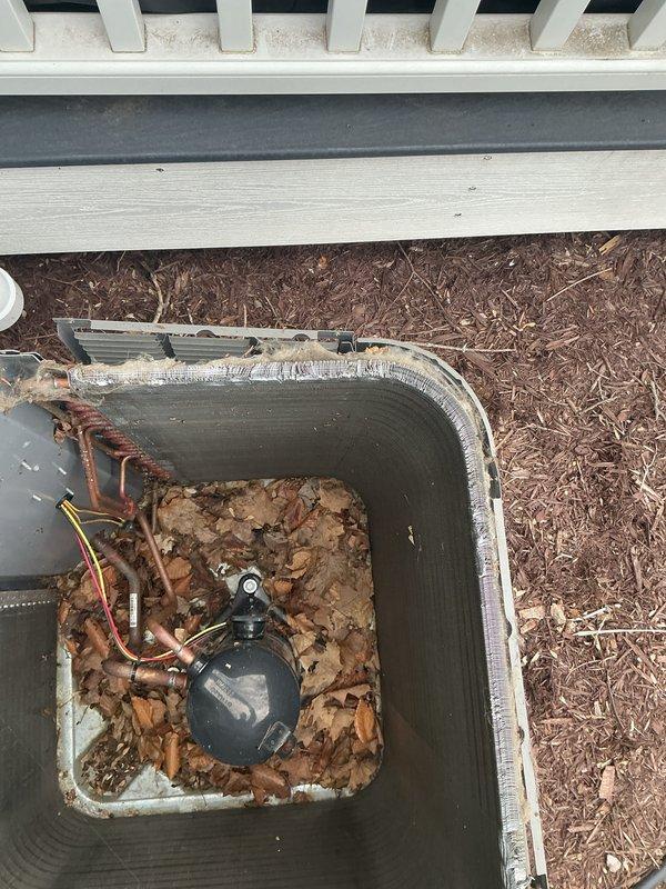 # Service Summary

Completed annual preventative maintenance on residential HVAC condensing unit. Inspected compressor, refrigerant lines, and electrical connections. Unit exterior showed significant accumulation of leaves and organic debris around compressor housing and within equipment well. Copper refrigerant lines displayed normal weathering and oxidation consistent with outdoor exposure. All mechanical components operational with no refrigerant leaks detected. Electrical connections secure and functioning properly. System tested and confirmed operational within normal parameters.