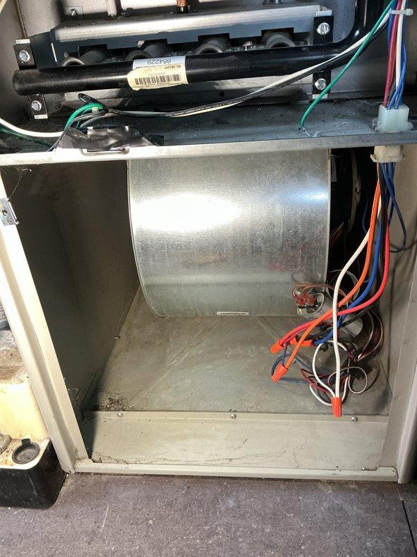 # Service Report

Responded to service call for furnace making clicking noise and short cycling. Upon arrival, performed diagnostic inspection of forced air furnace system. Accessed interior compartment through service panel to examine blower assembly, motor, and control components. 

Inspected blower motor assembly and associated wiring harnesses for loose connections or damaged components that could cause clicking sounds. Examined electrical connections including control wiring, noting presence of multiple wire bundles and electronic control board. Checked motor mounting brackets and hardware for proper securement and potential vibration issues.

Investigated heat exchanger and burner compartment for debris accumulation or mechanical interference. Observed dust buildup on interior surfaces and base pan, which can contribute to operational issues. Inspected limit switches, flame sensor, and ignition system components for proper operation and potential causes of short cycling behavior.