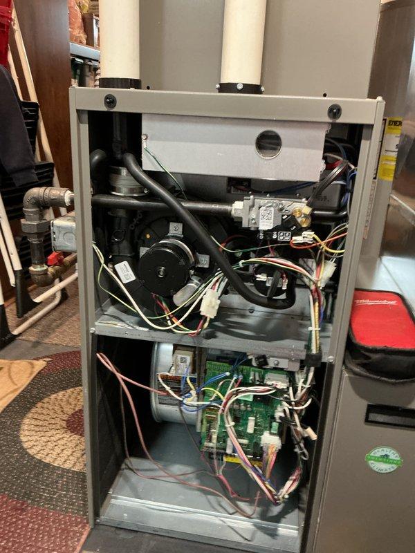 Responded to service call for leaking humidifier and performed routine furnace maintenance on 6-year-old equipment installed in 2020. Inspected furnace blower assembly, motor connections, electrical wiring, and control board for proper operation. Examined humidifier components and plumbing connections to identify source of water leak. Verified air filtration system and replaced or cleaned filter as needed. Completed comprehensive inspection of all HVAC components including gas connections, ductwork, and safety controls to ensure system operates efficiently and safely.