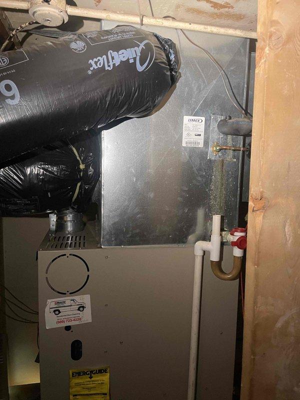 Responded to commercial heating outage reported as non-operational for one week. Conducted onsite assessment to locate and evaluate existing furnace system, which was determined to be in basement location rather than rooftop installation. Performed measurements of existing HVAC ductwork and air handler unit to prepare full system replacement estimate. Documented current equipment configuration including furnace dimensions, ductwork connections, and PVC condensate piping with shut-off valves for proper system sizing and replacement specifications.